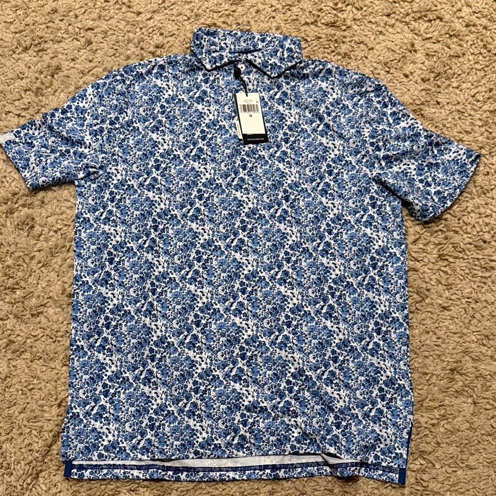 NWT RLX Men’s Ralph Lauren Blue and White Floral Polo Golf Shirt Medium